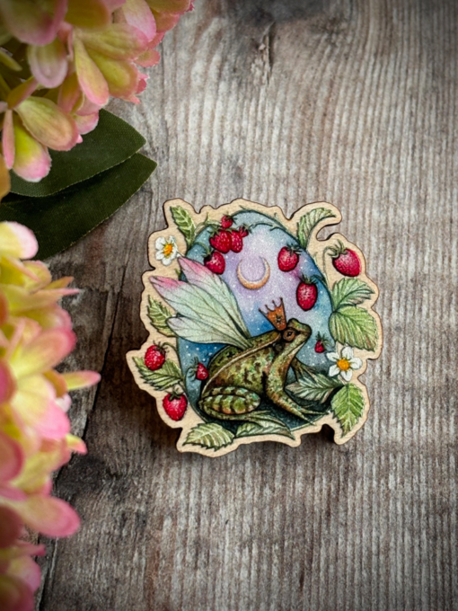 fairy frog wooden pin badge