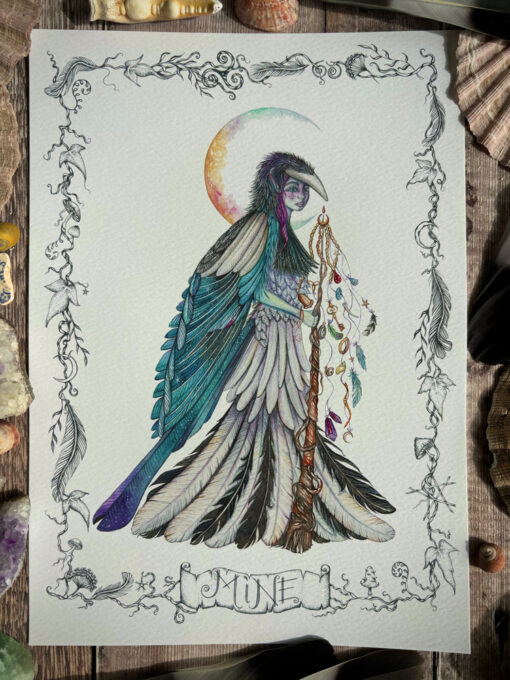 magpie fae fairy and moon dark illustration