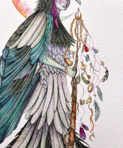 magpie fae girl with treasure, crystals, jewels and feathers