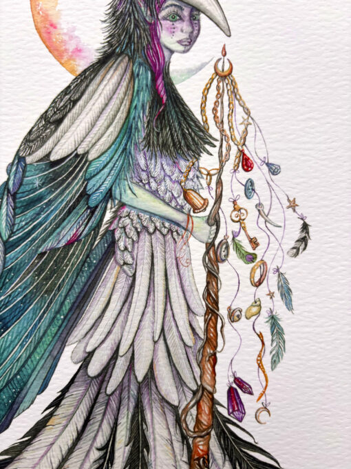 magpie fae girl with treasure, crystals, jewels and feathers